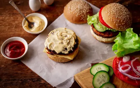 Pyszny burger przepis: składniki na domowego burgera, sosy i świeże warzywa.