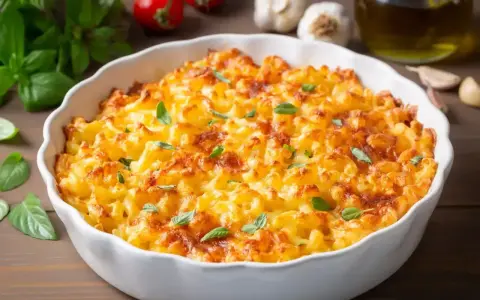 Pyszne Mac and Cheese w białej naczyniu, idealne na obiad. Ten przepis na Mac and Cheese zachwyci każdego!