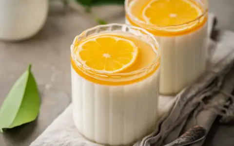 Panna Cotta przepis: dwa kremowe desery w szklankach, ozdobione plasterkiem pomarańczy i galaretką. Idealne na letnie popołudnie.