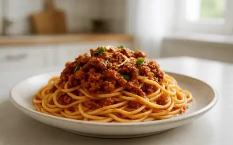 Pyszne Spaghetti Bolognese przepis na talerzu, z bogatym sosem mięsnym i świeżą bazylią. Idealne danie dla całej rodziny.