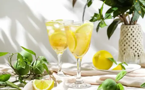 Orzeźwiający drink z cukrem na szklance, ozdobiony plasterkami cytryny i lodem. Obok świeże cytryny i limonki.