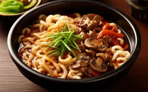 Miseczka z makaronem udon, grzybami, mięsem i szczypiorkiem. Czy to makaron udon mrożony czy suszony, smakuje wyśmienicie!
