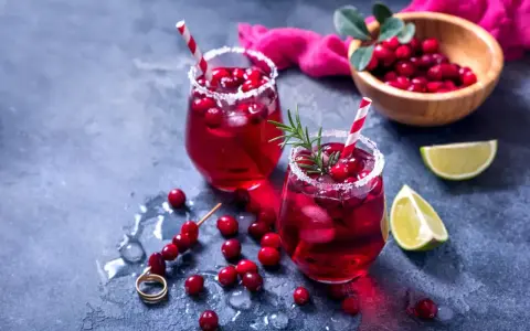 Dwa orzeźwiające drinki z grenadiną, ozdobione żurawiną i rozmarynem, z limonką w tle.