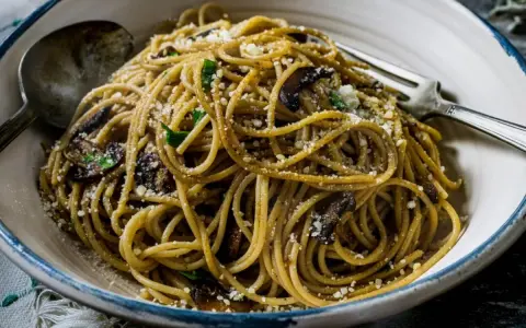 Makaron spaghetti z grzybami i parmezanem, posypany natką pietruszki. Pyszne danie gotowe do spożycia.