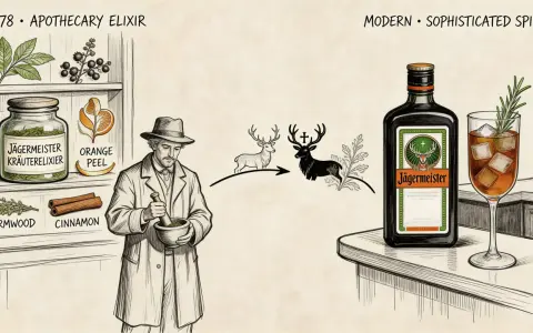 Ilustracja przedstawia ewolucję Jägermeistera: od aptekarza z ziołami do butelki i drinka z colą.