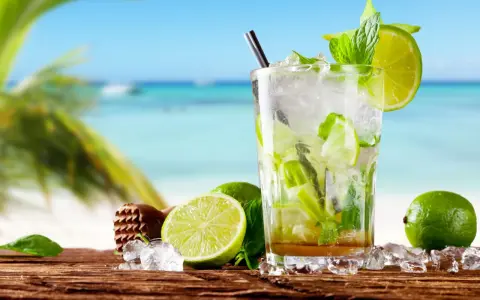 Orzeźwiający mohito drink co zamiast rumu? Idealny na plażę, z limonką i miętą, na drewnianym blacie, z widokiem na morze.