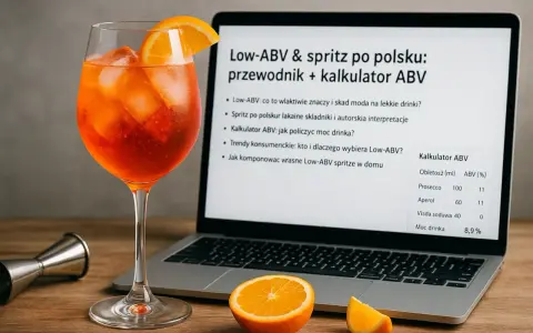Kalkulator ABV na ekranie laptopa pokazuje, jak obliczyć ile procent ma drink. Obok Aperol Spritz i pomarańcze.