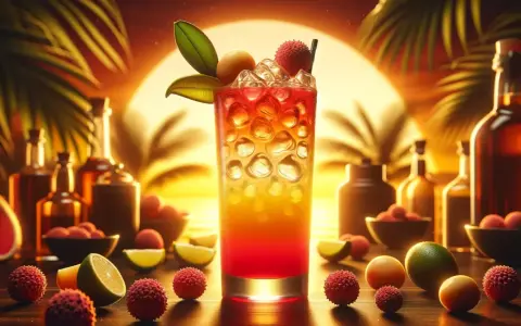 Kolorowy drink z liczi, otoczony owocami i butelkami, na tle zachodzącego słońca. Idealny na tropikalne drinki z liczi.