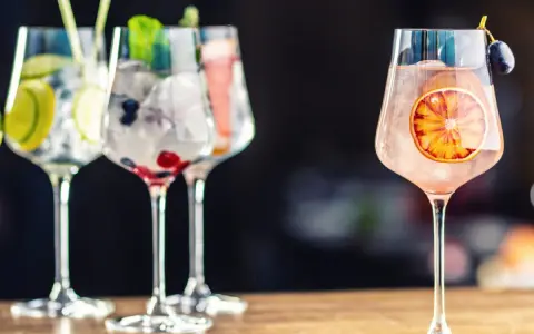 Orzeźwiające drinki na bazie ginu z owocami i lodem. Na pierwszym planie różowy gin z plasterkiem pomarańczy i winogronem.