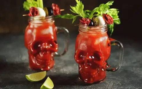 Dwa krwawe drinki ze spirytusem w szklankach w kształcie czaszek, udekorowane łodygami selera, oliwkami i plasterkami salami.