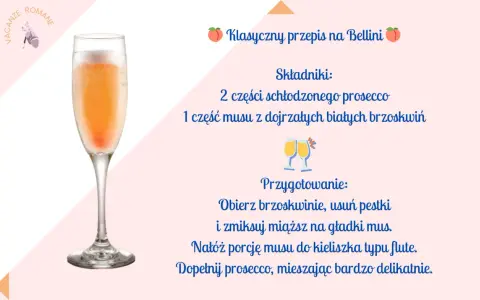 Klasyczny przepis na Bellini: schłodzone prosecco i mus z brzoskwiń w kieliszku flute. Idealny na letnie popołudnie.