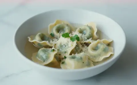 Pyszne tortellini in brodo przepis. Zielone pierożki w bulionie, posypane parmezanem i natką pietruszki.