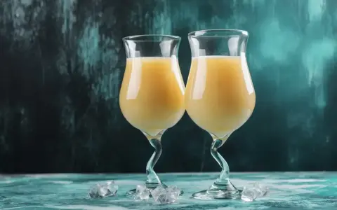 Dwa kieliszki z kremowym drinkiem z likieru bananowego, ozdobione kostkami lodu na turkusowym blacie.