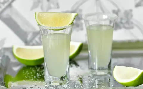 Wściekłe psy drink jak zrobić: dwa kieliszki z solą i limonką, obok ćwiartki limonki.