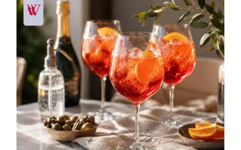 Idealny Campari Spritz przepis na letnie popołudnie. Trzy kieliszki pełne orzeźwiającego drinka z pomarańczą i lodem.