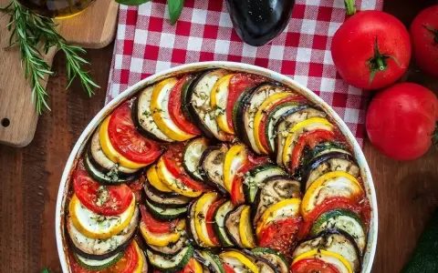 Kolorowy ratatouille przepis w naczyniu, ułożony z plastrów cukinii, bakłażana i pomidorów. Obok świeże warzywa i zioła.