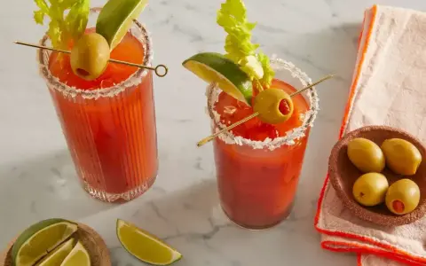 Dwa Bloody Mary: jedno na soku pomidorowym, drugie na passacie. Oba ozdobione łodygą selera, limonką i oliwką.
