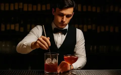 Elegancki barman w kamizelce i muszce miesza drinka z lodem w szklanicy. Obok stoi gotowy koktajl.