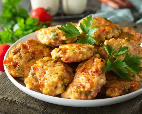 Placuszki z resztek pieczonego kurczaka, pomidorów i ziół. Idealne danie, by dowiedzieć się, co zrobić na obiad z resztek pieczonego kurczaka.