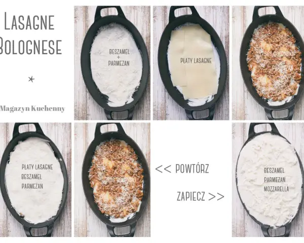 Przepis na lasagne bolognese: warstwy beszamelu, parmezanu, płatów lasagne i sosu bolońskiego. Powtórz i zapiecz.