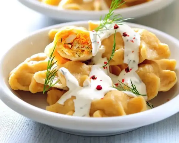 Pyszne pierogi z farszem, polane sosem i posypane koperkiem. Idealne co na obiad dla gości, by ich zachwycić.