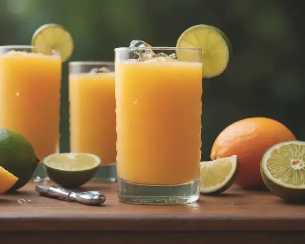 Orzeźwiający drink z marakują kontra drink z mango. Orzeźwiające napoje z owocami cytrusowymi i lodem.