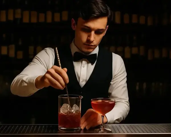 Barman miesza drinka, zastanawiając się, ile zarabia barman za granicą. W tle półki z butelkami.