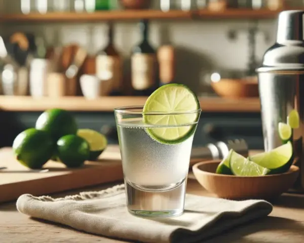Przepis na drink kamikaze: kieliszek z drinkiem, limonki, shaker i deska do krojenia. Idealny na letnie wieczory.