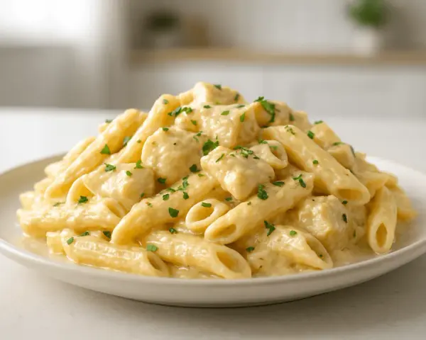 Penne z sosem serowym, posypane natką pietruszki, prezentują się apetycznie na białym talerzu.