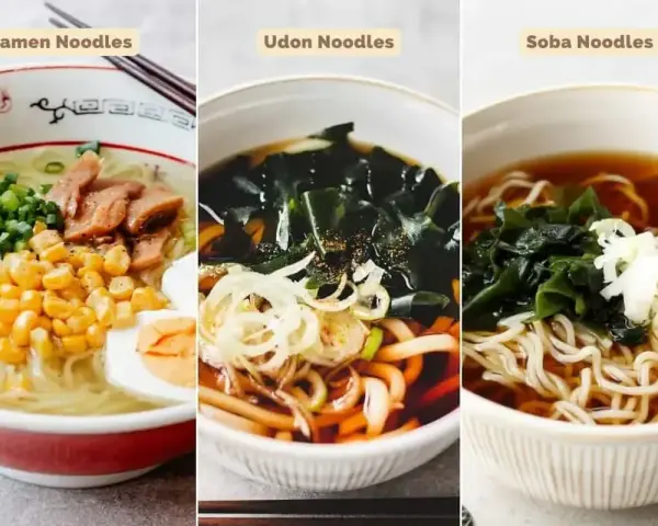 Trzy miski z japońskim makaronem: ramen, udon i soba. Wybierz między gryczanym makaronem soba a pszennym somen.