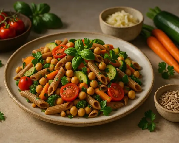 Kolorowy makaron penne z ciecierzycą, pomidorkami, cukinią i marchewką. Idealny przepis na Pasta Primavera.