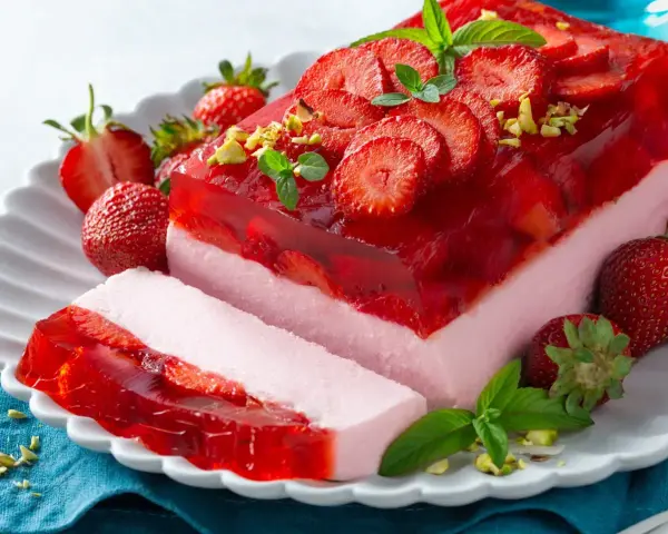 Truskawkowy deser z galaretką i pianką to idealna propozycja, co na deser zamiast ciasta. Świeże owoce i pistacje dodają mu uroku.