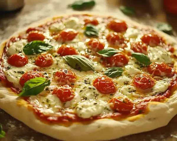 Pyszna Pizza Margherita przepis: świeże pomidorki, mozzarella, bazylia i sos pomidorowy na chrupiącym cieście.