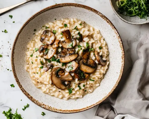 Kremowe risotto z grzybami, pachnące ziołami, czeka na Ciebie. Czy wolisz je od Paelli z owocami morza?
