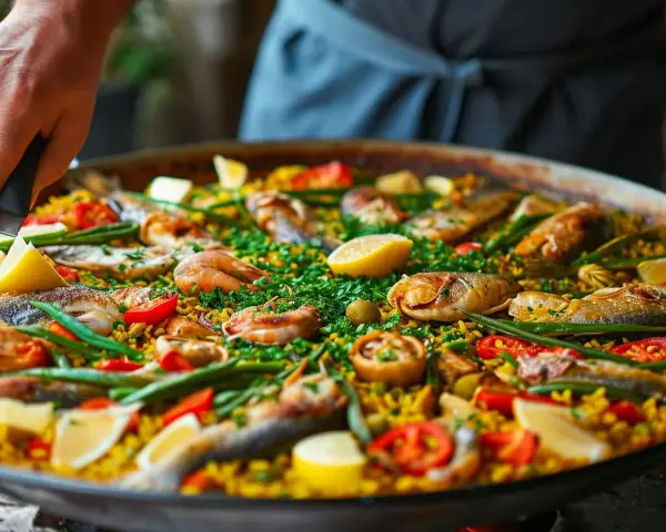 Pyszna paella z owocami morza i rybą, gotowa do podania. Ten przepis na paellę zachwyci każdego!