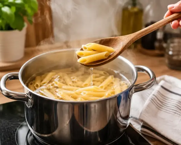 Penne penne w gotującej się wodzie, sprawdzanie gotowości. Oto jak ugotować makaron idealnie.