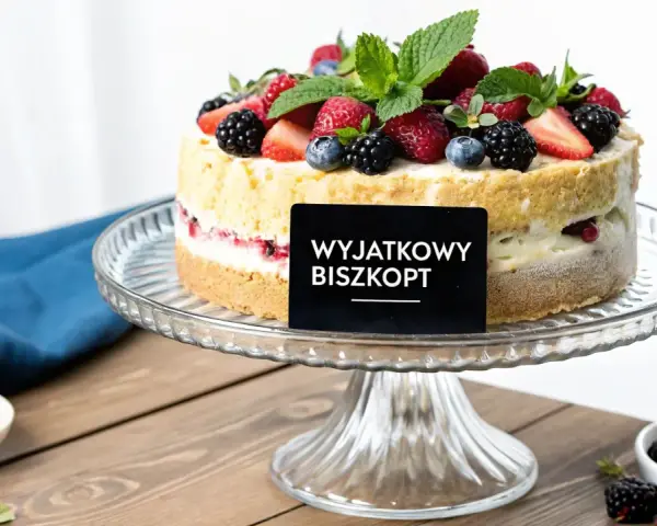 Wyjątkowy biszkopt z owocami leśnymi na paterze. Czy to tort bezowy czy tort biszkoptowy?