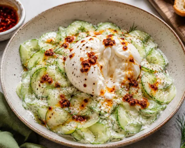 Kremowa burrata na mizerii z ogórków z koperkiem i pikantnym sosem. Idealne na lekki obiad.