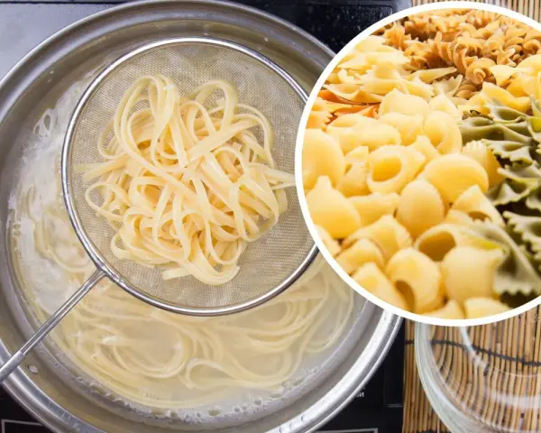 Ugotowany makaron w durszlaku nad garnkiem, obok kolaż różnych rodzajów makaronów. Dowiedz się, jak zamrozić ugotowany makaron.