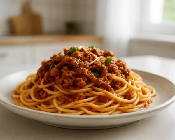 Pyszne Spaghetti Bolognese przepis na talerzu, z bogatym sosem mięsnym i świeżą bazylią. Idealne danie dla całej rodziny.