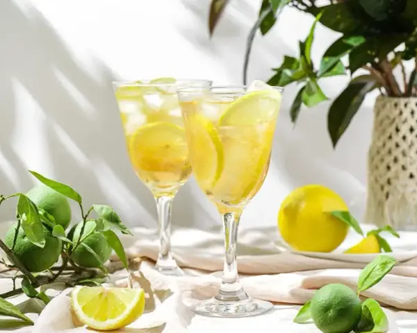 Orzeźwiający drink z cukrem na szklance, ozdobiony plasterkami cytryny i lodem. Obok świeże cytryny i limonki.