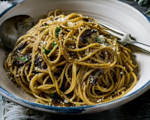 Makaron spaghetti z grzybami i parmezanem, posypany natką pietruszki. Pyszne danie gotowe do spożycia.