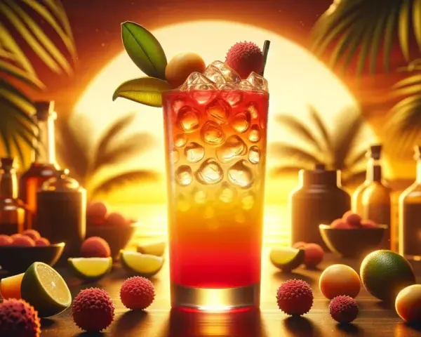 Kolorowy drink z liczi, otoczony owocami i butelkami, na tle zachodzącego słońca. Idealny na tropikalne drinki z liczi.