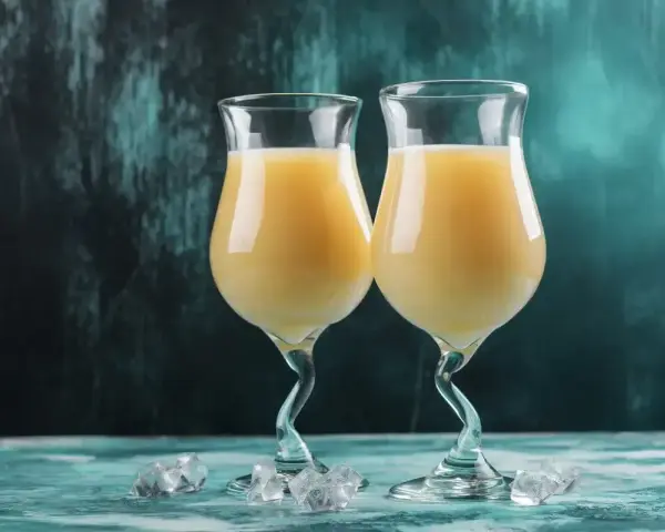 Dwa kieliszki z kremowym drinkiem z likieru bananowego, ozdobione kostkami lodu na turkusowym blacie.