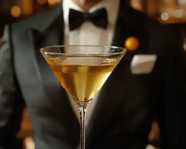 Elegancki mężczyzna w smokingu podaje idealnie zmieszane martini. Dowiedz się, jak zrobić martini, by poczuć się jak w najlepszym barze.