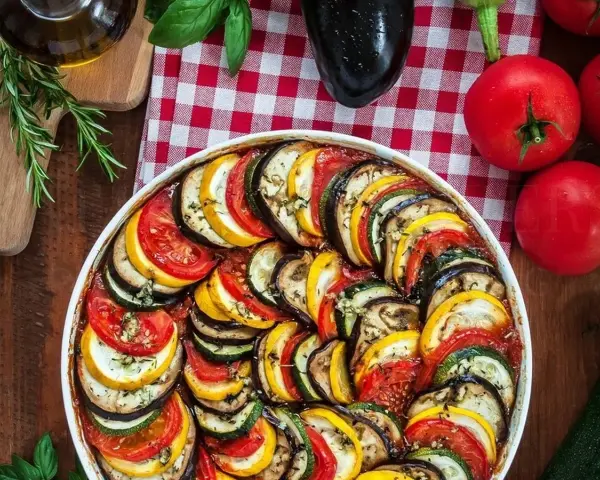 Kolorowy ratatouille przepis w naczyniu, ułożony z plastrów cukinii, bakłażana i pomidorów. Obok świeże warzywa i zioła.