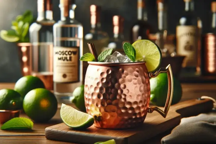 Orzeźwiający Moscow Mule w miedzianym kubku, z limonką i miętą. Idealny wybór zamiast Dark 'n' Stormy.