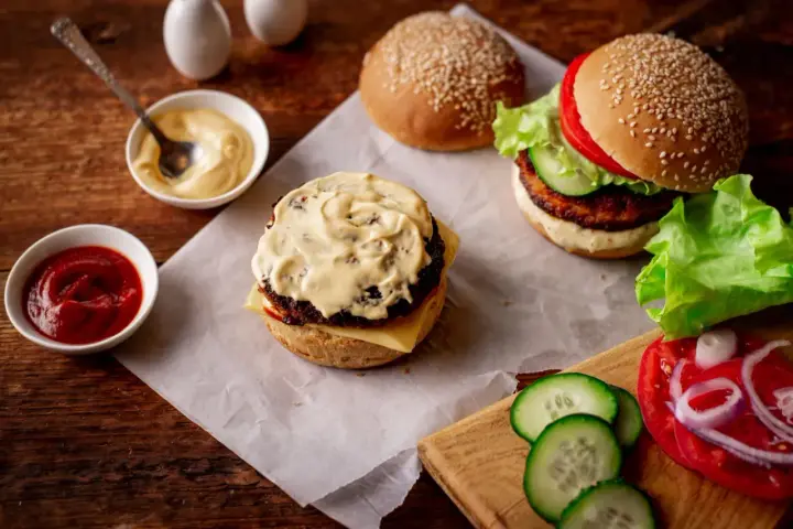 Pyszny burger przepis: składniki na domowego burgera, sosy i świeże warzywa.