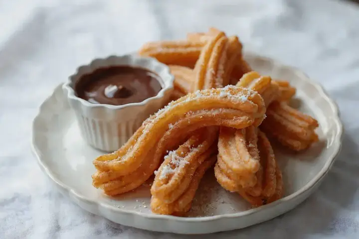 Churros przepis: złociste, chrupiące paluszki posypane cukrem, podane z miseczką gorącej czekolady. Idealne na deser!