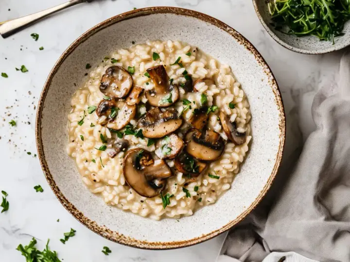 Kremowe risotto z grzybami, pachnące ziołami, czeka na Ciebie. Czy wolisz je od Paelli z owocami morza?